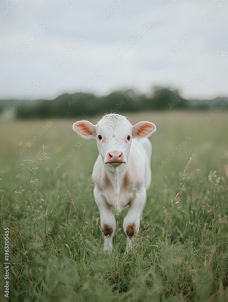 Fototapeta premium Young white calf standing in green meadow pasture with wildflowers under cloudy sky for agricultural and farming content.