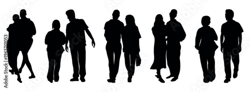 Various silhouettes of couples and individuals in embracing and walking poses on a transparent background. vector silhouettes of people. silhouettes of people