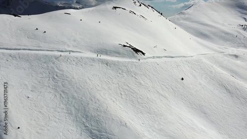 aerial view of skiers skiing in high snowy peak in the pyrenees