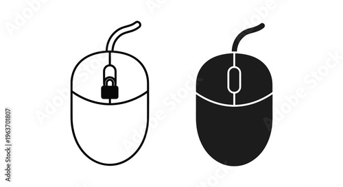 Computer mouse icons, black and white vector graphics, computer peripheral symbols, technology illustrations