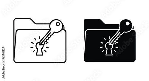 Secure file icons, key access symbols, folder locks, black and white vector graphics
