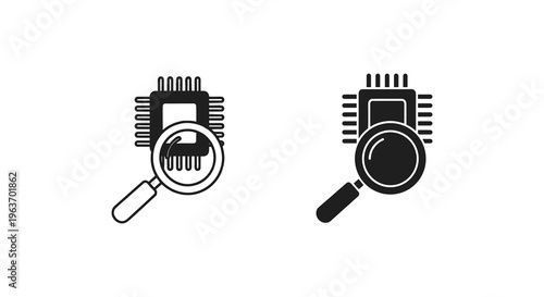Microchip, circuit board, magnifying glass icons, technology symbols, black vector graphics