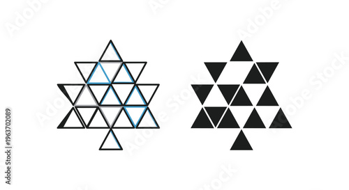 Geometric patterns, triangle designs, star shapes, blue and black, vector icons