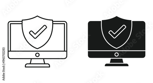 Computer security icons, shield protection symbols, cybersecurity checkmark graphics, web safety signs