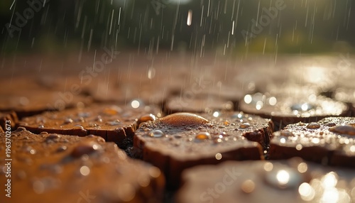 Raindrops fall on dry cracked earth surface, creating small pools reflecting light. Water revitalizes parched ground texture, showing nature resilience.