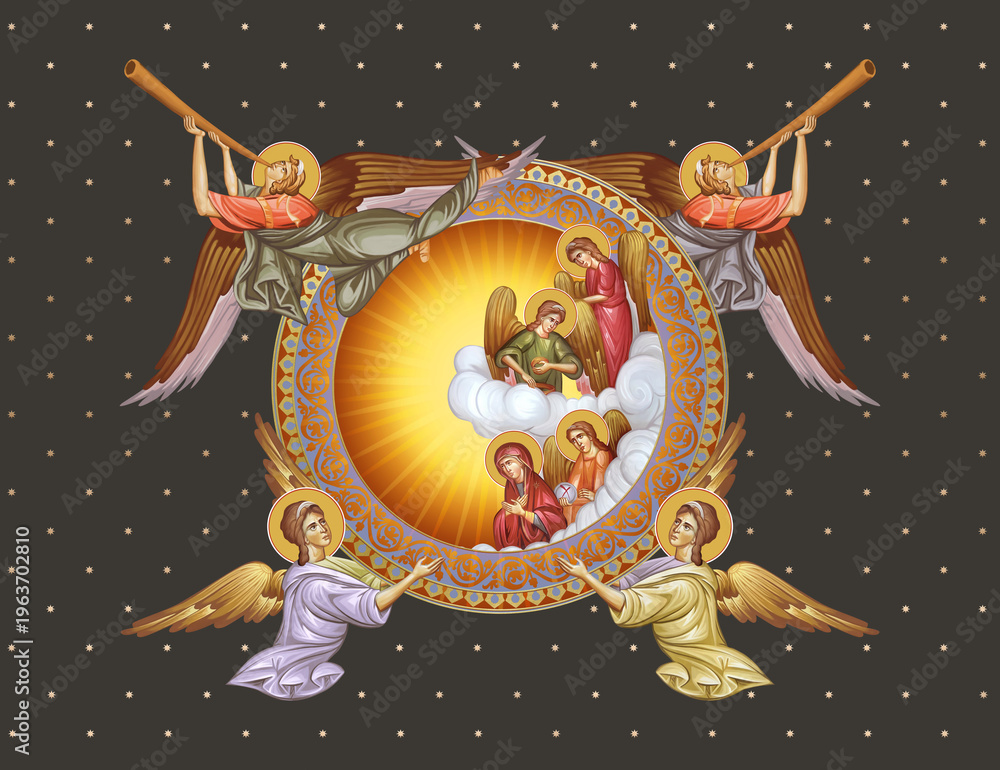 Fototapeta premium Blessed Virgin Mary and Angels. Decorative vintage illustration with angels in Byzantine style