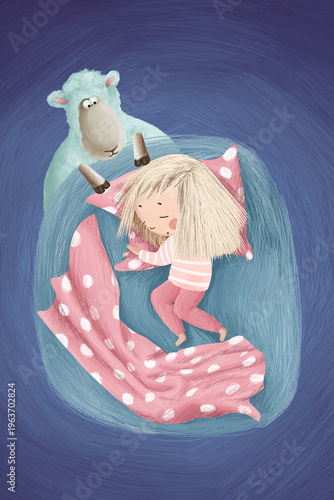 Restless Little Girl Sleeping While a Sweet Sheep Cares. Drawn Illustration
