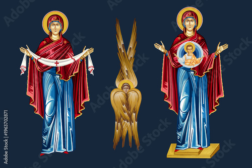 Christian religious illustration set with Blessed Virgin Mary in Byzantine style