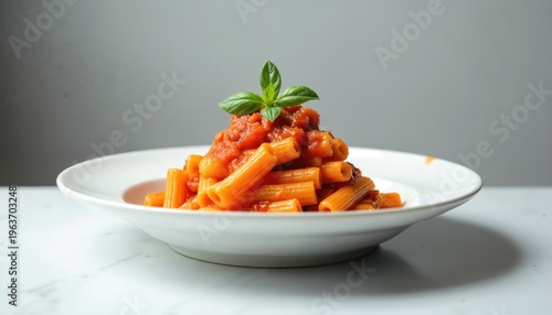 Rigatoni pasta with tomato sauce and basil leaves sits on a white plate. This simple, fresh meal is ready to eat. Perfect for food blogs recipe sites.