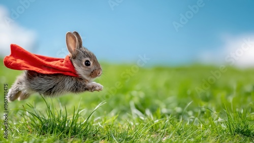 cute rabbit wearing a red cape leaping through green grass under a bright blue sky in a playful superhero scene.
