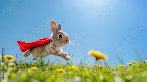 cute rabbit wearing a red cape running through a sunny meadow with yellow flowers under a bright blue sky.
