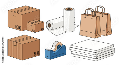 An illustration of various office and moving supplies including boxes, paper, tape, and bags on a plain surface.