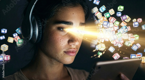 Woman headphones light vision tablet floating digital cubes