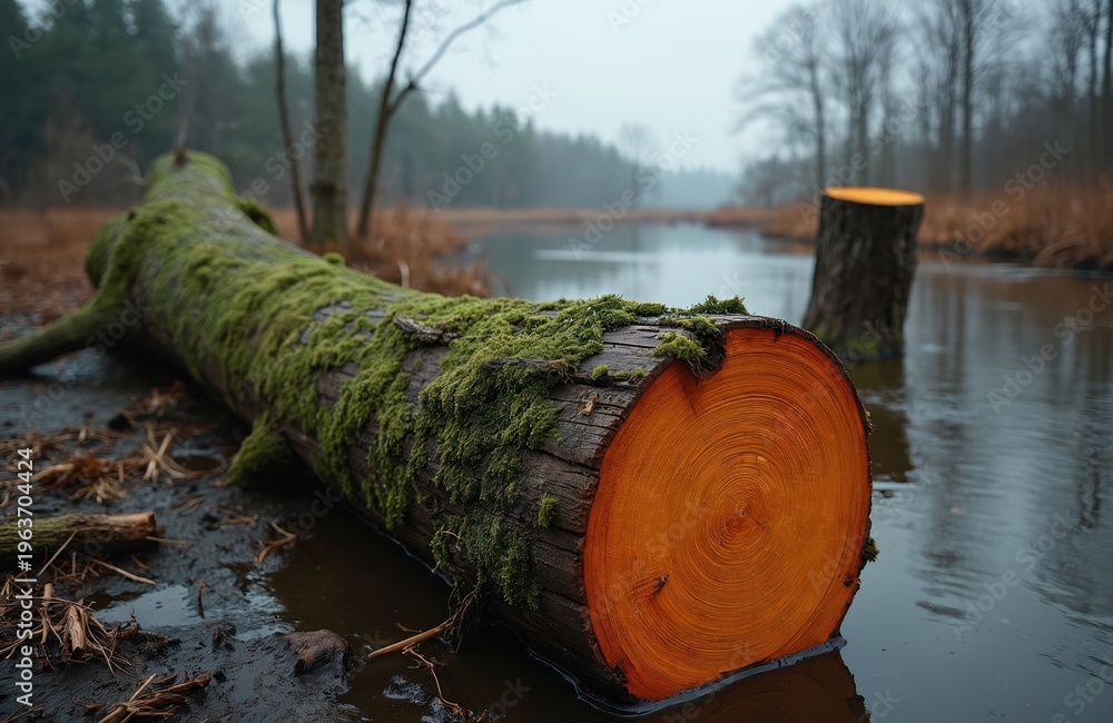Naklejka premium Felled tree trunk lies in swampy water, covered in green moss. Beaver gnawed stump stands nearby in wetland forest. Nature cycle of destruction and regrowth is apparent.
