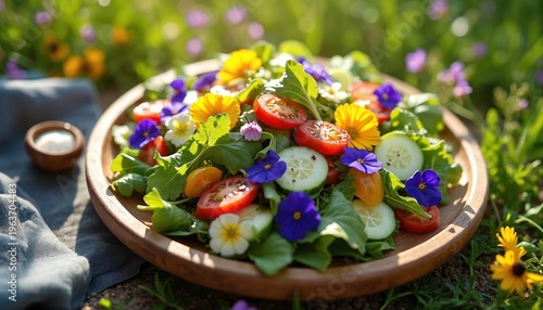 Colorful salad with fresh vegetables and edible flowers served on a rustic wooden plate. Ingredients include tomatoes, cucumber, and greens with vibrant blossoms, set outdoors in green garden setting.