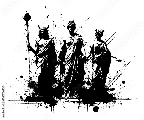 Three classical greek statues standing in a row depicted in messy ink style