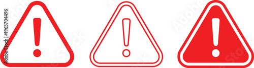 A set of three distinct red warning triangle icons featuring exclamation mark symbols for safety Vector