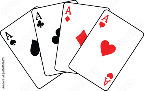 Four aces from a standard deck of playing cards arranged in a fan shape against a white background. Vector