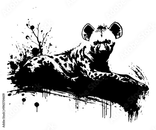Hyena predator silhouette in artistic black ink splatter grunge style