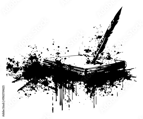 Vintage book and quill pen writing in artistic black ink splatter style