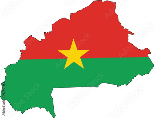 A detailed representation of the geographical map shape of burkina faso filled with its flag. Vector