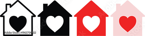 House with heart icon. A home shape combined with a love symbol creates a warm support graphic for charity and family care. This simple design works as a community sign and health-oriented concept. 