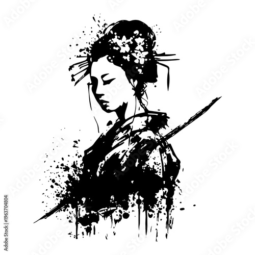 Elegant portrait of a Japanese geisha woman with flowers in ink splash style