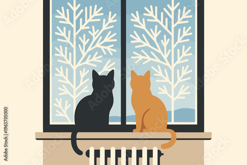 Two cats sit on a windowsill looking out at a snowy winter landscape with frosted trees