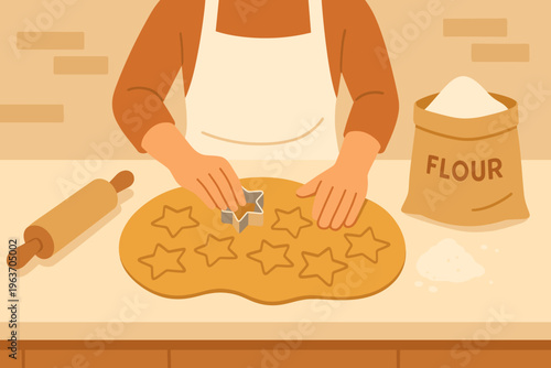 Person using star-shaped cookie cutter on dough with rolling pin and flour bag