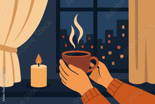 Cozy evening with a warm drink and candle by the window overlooking the city
