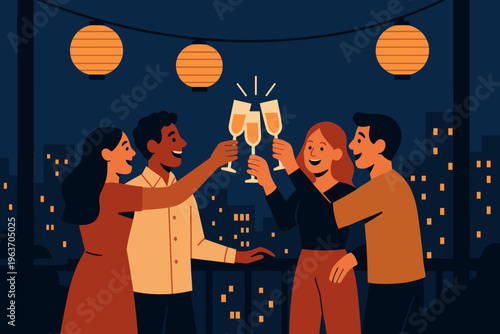 Friends celebrating with champagne toast on a balcony at night