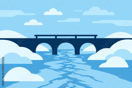 Minimalist bridge crossing icy water with snow-covered banks and clouds