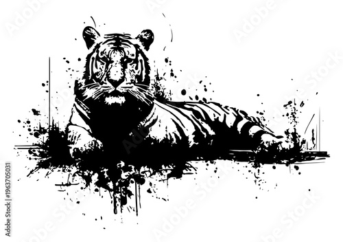 Majestic tiger lying down silhouette in expressive black ink splatter technique