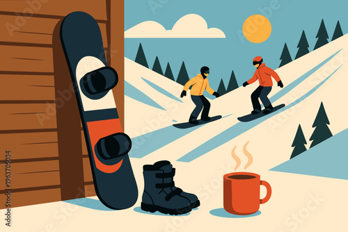 Cozy winter scene with snowboard, boots, and hot drink after snowboarding