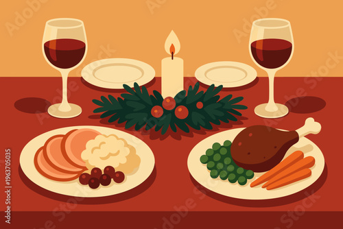 Festive winter dinner table setting with roast meat, mashed potatoes, and wine