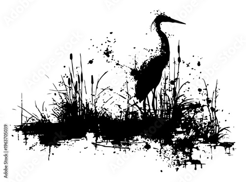 Elegant heron bird standing in marshland reeds depicted in messy black ink splash style