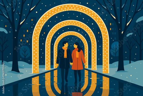 Couple walking hand in hand through illuminated arches in a snowy city park at night