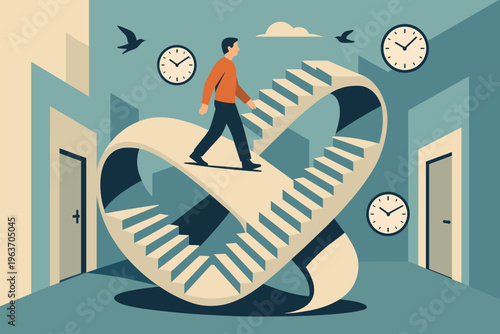 Man walking on an endless Mobius staircase with clocks and doors symbolizing time and choices