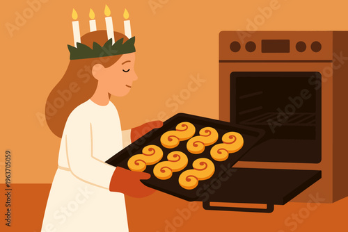 Girl in a candle crown bakes saffron buns for a festive occasion