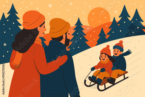 Family enjoying a winter day with sledding and snowy trees