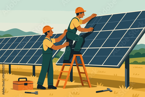 Solar panel installation crew working together on a sunny day with tools nearby