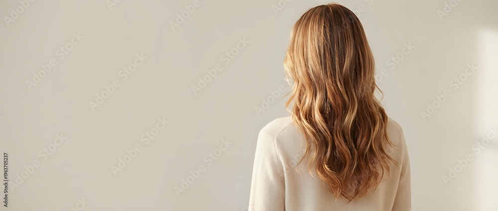 Fototapeta premium Young blonde woman with long wavy hair wearing white sweater standing with back turned against neutral beige wall in soft natural lighting.