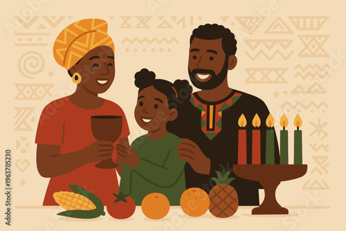 Happy African American family celebrating Kwanzaa with kinara and traditional foods