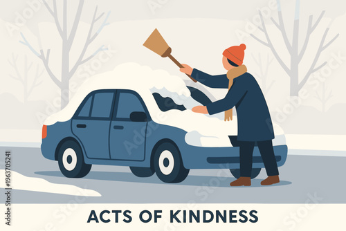 Person clearing snow from a car during a winter snowfall, showing kindness
