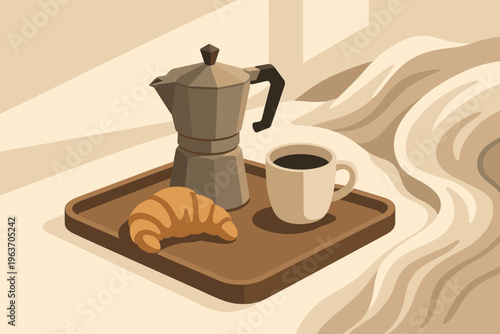 Cozy winter breakfast with coffee and croissant served on a tray in bed
