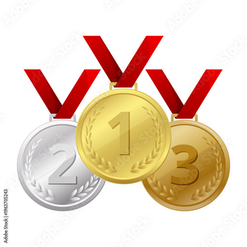 Gold silver bronze medal set with ribbon and number