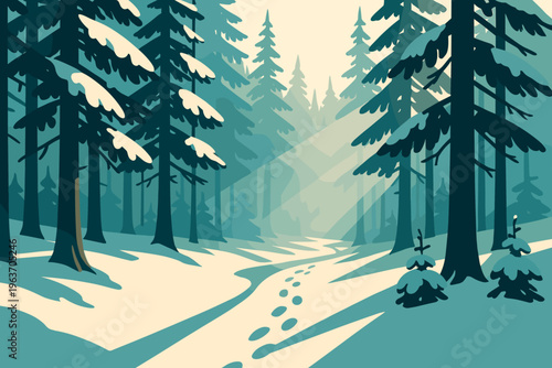 Sunlit snowy pine forest path with footprints and gentle light rays