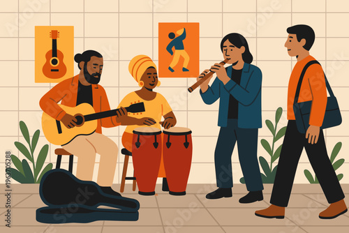 Diverse street musicians performing acoustic music with guitar and drums