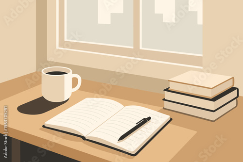 Cozy study desk with open notebook, coffee, and books by the window