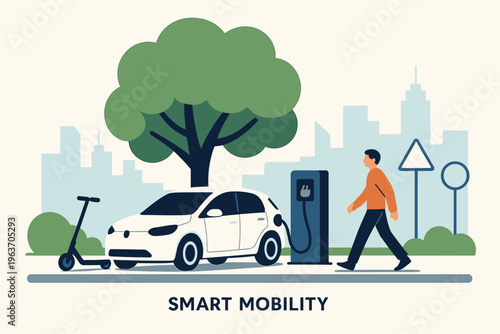 Electric car charging station in a city with a person walking and a scooter nearby